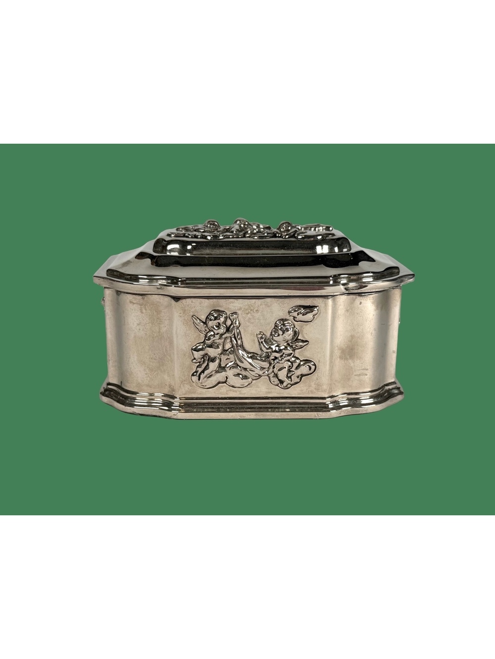Vintage Silverplate Cherub Angel Jewelry Trinket Box Floral Rococo Revival Decor